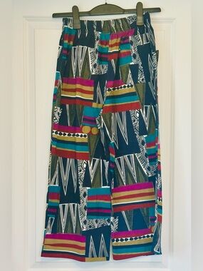 GIL AIMBEZ Pant Vibrant Funky Fun Geo Hi Rise Wide Leg Cotton Elastic Waist M